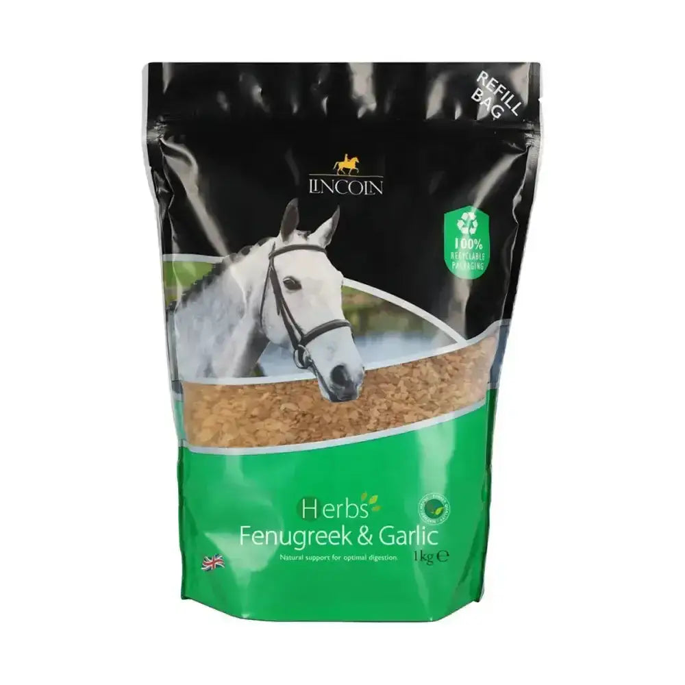Lincoln herbs fenugreek and garlic refill pouch in black and green resealable bag for horse feed 1kg