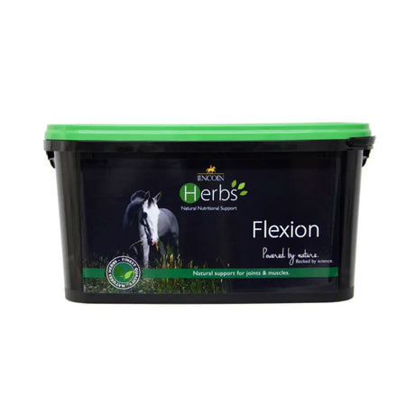 Black plastic tub with bright green lid labeled lincoln herbs flexion for natural joint and muscle support equine joint supplements