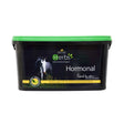 Black plastic tub with bright green lid labeled lincoln herbs hormonal scientific herbal horse hormone supplements for mares