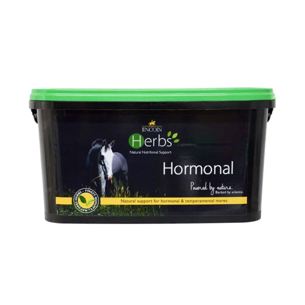 Black plastic tub with bright green lid labeled lincoln herbs hormonal scientific herbal horse hormone supplements for mares