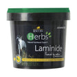 Black plastic tub with green lid labeled lincoln herbs laminide advanced natural nutritional support for circulation hoof supplements