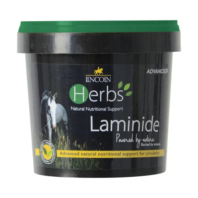 Black plastic tub with green lid labeled lincoln herbs laminide advanced natural nutritional support for circulation and hoof supplements