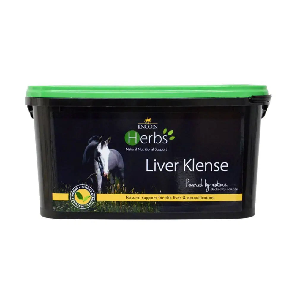 Black plastic container with bright green lid labeled lincoln herbs liver klense scientifically developed herbal supplement for detox
