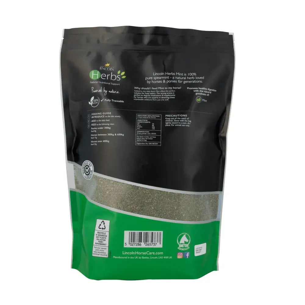 Black and green lincoln herbs mint resealable pouch with pure spearmint to disguise medications for horses