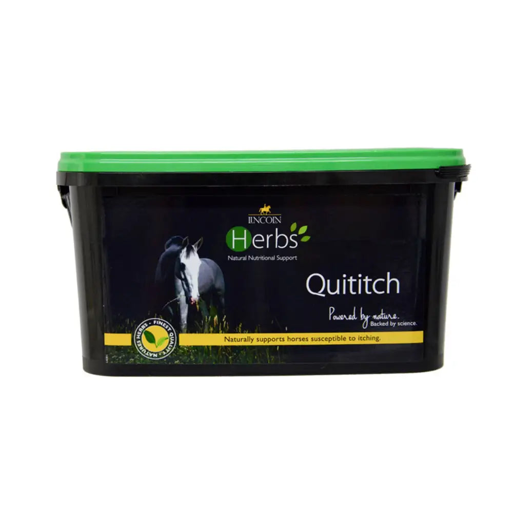 Black plastic tub with green lid labeled lincoln herbs quititch for natural nutritional support in horses prone to itching using nature’s botanical properties scientifically formulated