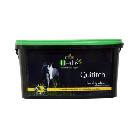 Black plastic tub with green lid labeled lincoln herbs quititch for natural nutritional support in horses prone to itching using nature’s botanical properties scientifically formulated