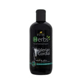 Black plastic bottle of lincoln herbs valerian cordial with black cap and green accents for excitable horses and stress