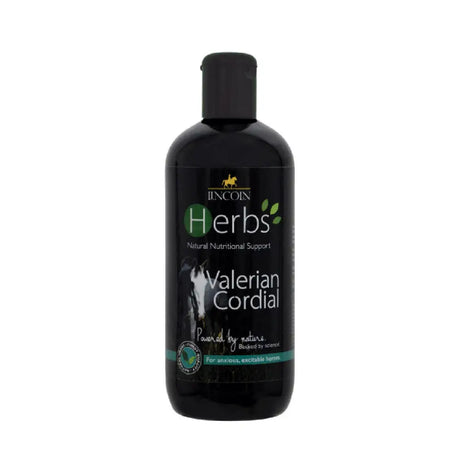 Black plastic bottle of lincoln herbs valerian cordial with black cap and green accents for excitable horses and stress