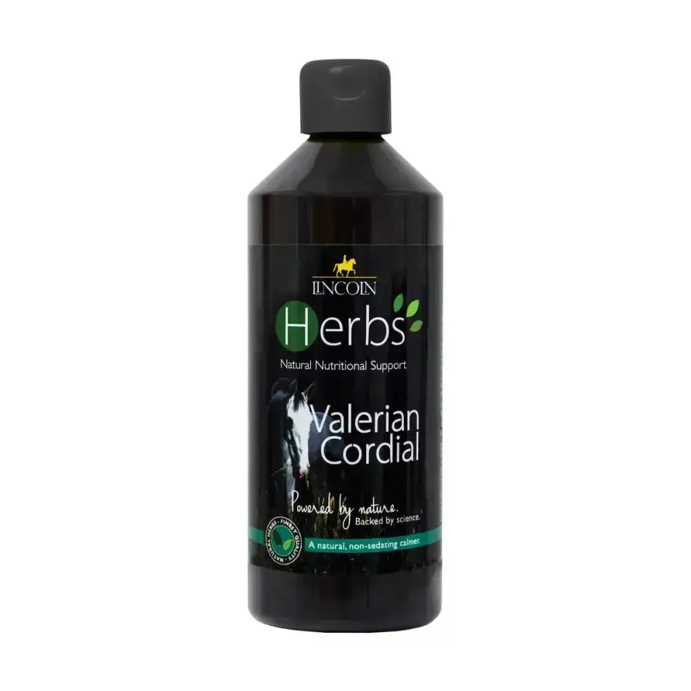 Black plastic bottle of lincoln herbs valerian cordial with dark cap and green label for excitable horses and stress