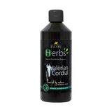Black plastic bottle of lincoln herbs valerian cordial with dark cap and green label for excitable horses and stress