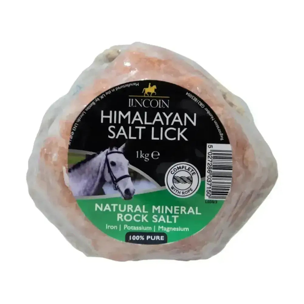 A 1kg package of lincoln himalayan salt lick featuring pure natural rock pinkish himalayan salt wrapped in clear plastic