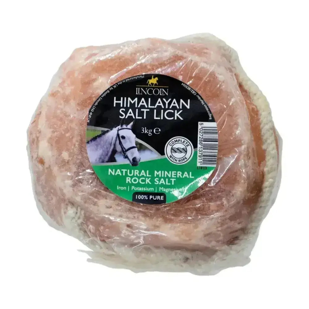 A 3kg package of lincoln himalayan salt lick wrapped in clear plastic with a black and green label showing a horse image