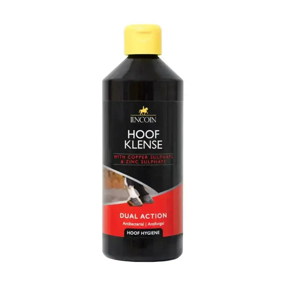 Black plastic lincoln hoof klense bottle with yellow cap and red label for dual action water based antibacterial hoof klense