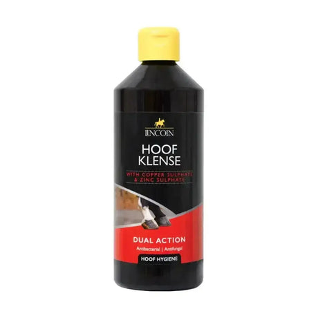 Black plastic lincoln hoof klense bottle with yellow cap and red label for dual action water based antibacterial hoof klense