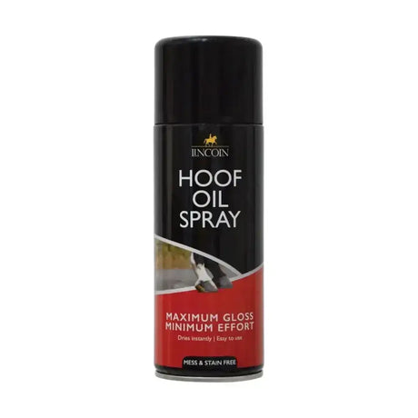 Black and red lincoln hoof oil aerosol spray can with gold horse logo for easy spray hoof oil application
