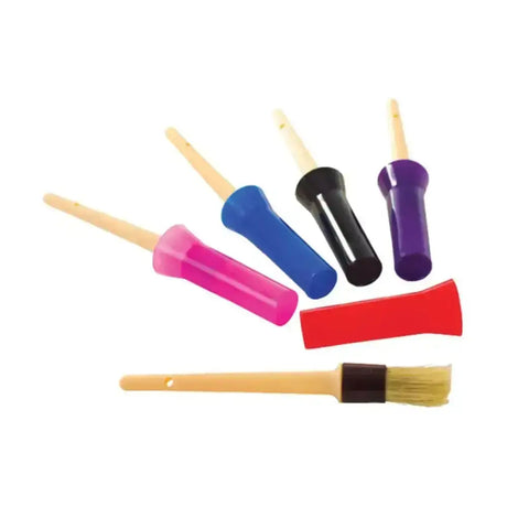Set of colorful plastic-handled hoof oil brushes with wooden sticks and protective caps for lincoln hoof oil application