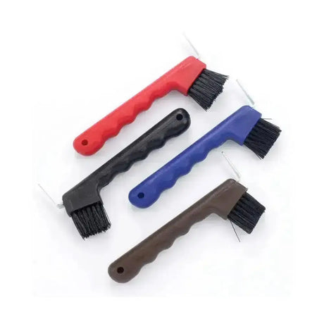 Set of four colorful plastic-handled lincoln hoof pick brushes with black bristles for removing excess dirt and strong cleaning