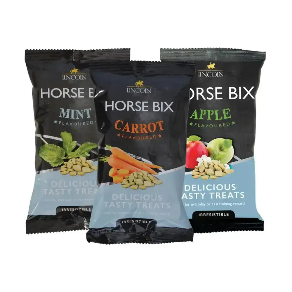 Three individually packaged lincoln horse bix naturally flavoured titbit horse treats in mint carrot and apple flavors