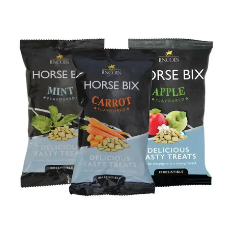 Three individually packaged lincoln horse bix naturally flavoured titbit horse treats in mint carrot and apple flavors