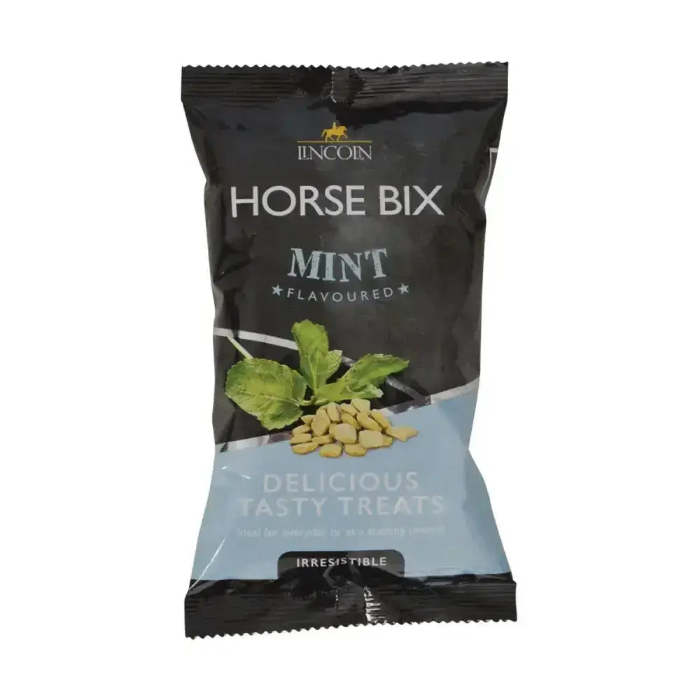 Package of lincoln horse bix mint flavored candy in black and light blue packaging naturally flavoured titbit horse treats