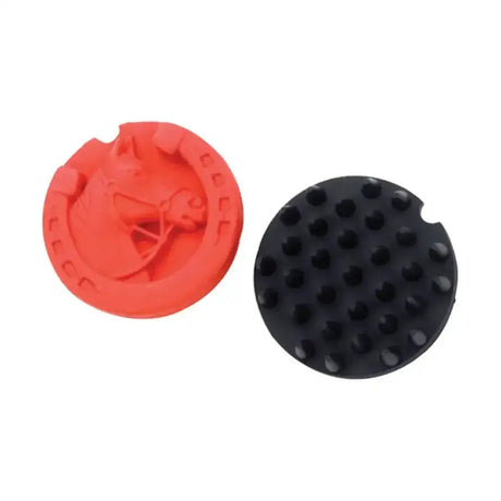 Red and black lincoln horse head rubber curry combs with circular rubber teeth for horse grooming and foot scrubbing