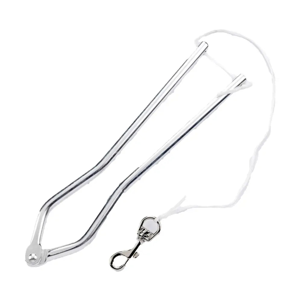 Silver metal lincoln humane twitch with white cord and silver clasp to control difficult horses humanely