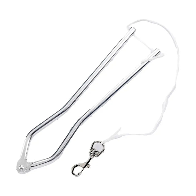 Silver metal lincoln humane twitch with white cord and silver clasp to control difficult horses humanely