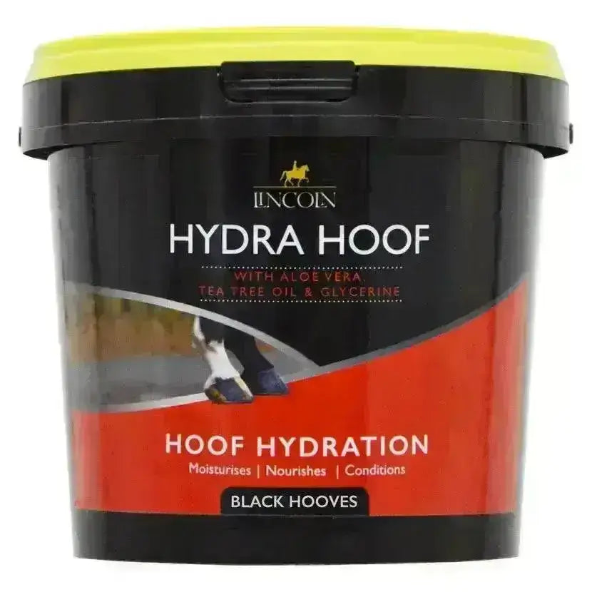 Black and red plastic tub with yellow lid labeled lincoln hydra hoof hydrating hoof cream for dry brittle hooves support