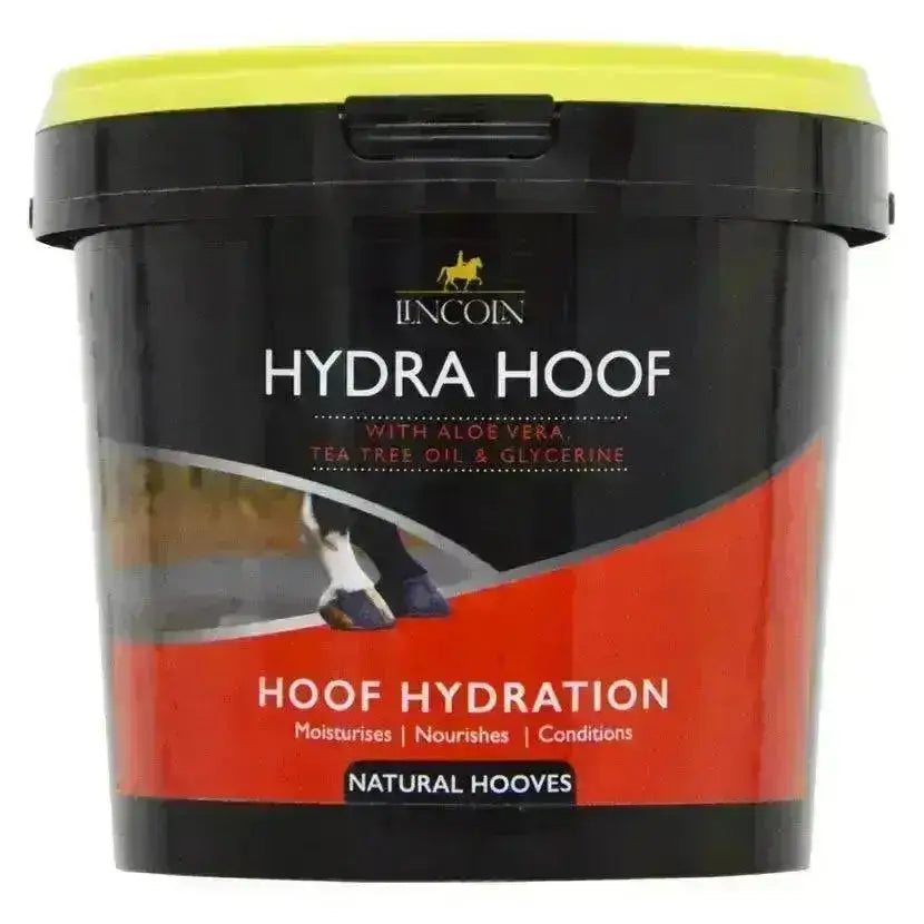Black and red plastic tub with yellow lid labeled lincoln hydra hoof hydrating hoof cream to support dry brittle hooves