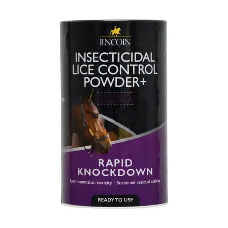 Black and purple lincoln insecticidal lice control powder plus container with permethrin based insecticidal horse label