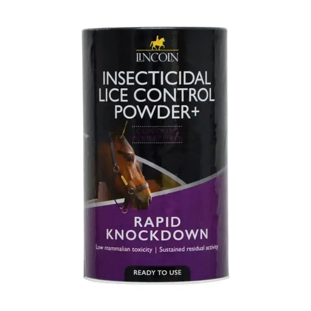 Black and purple lincoln insecticidal lice control powder plus container with permethrin based insecticidal horse label