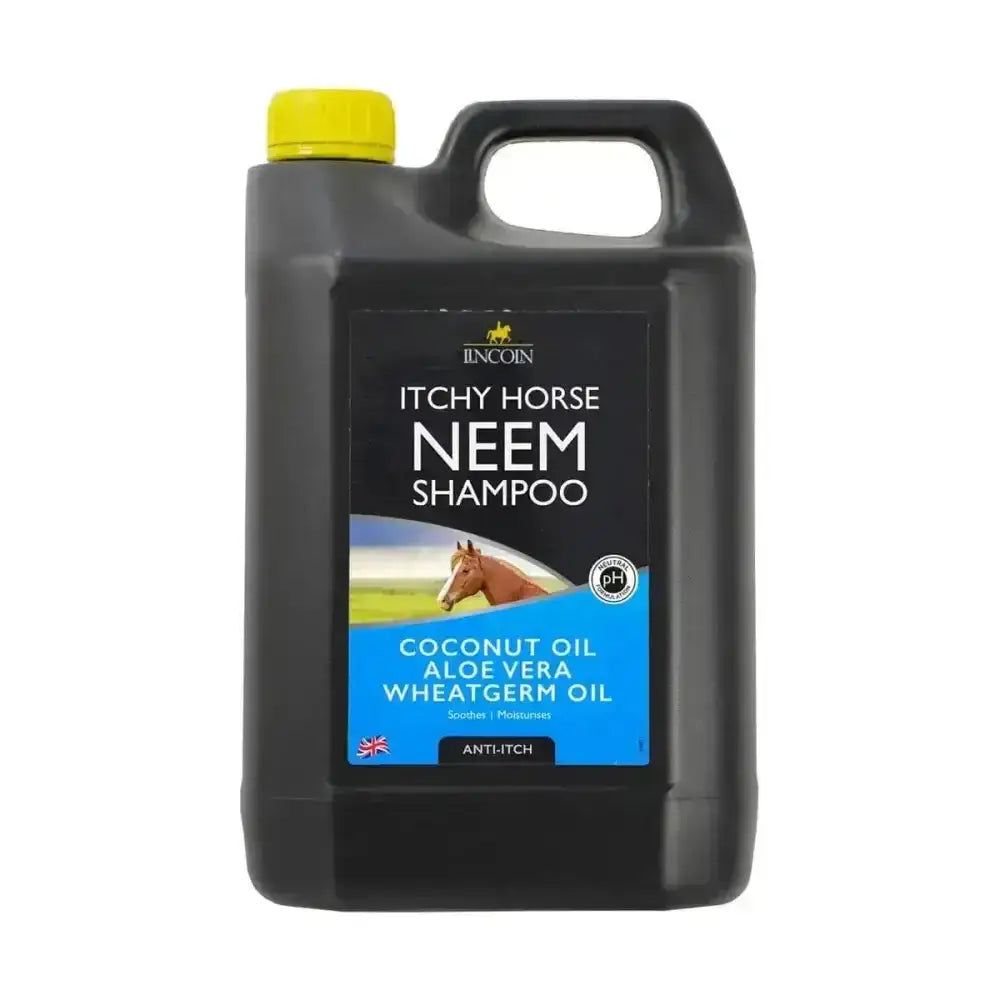 Black plastic jug with yellow cap labeled lincoln itchy horse neem shampoo a unique plant-based horse neem shampoo