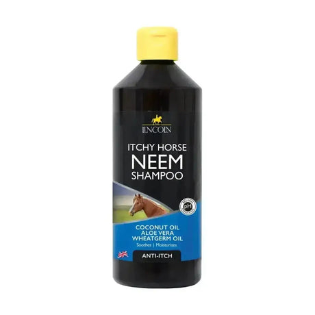 Black plastic bottle with yellow cap of lincoln itchy horse unique plant-based horse neem shampoo with coconut oil and aloe vera