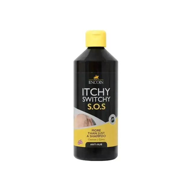Black plastic lincoln itchy switchy shampoo bottle with yellow cap featuring anti rub cleanser formulated for itch relief
