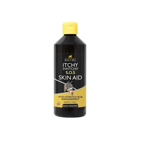 Black plastic bottle with yellow cap and lincoln itchy switchy label for hypersensitive skin affected aid