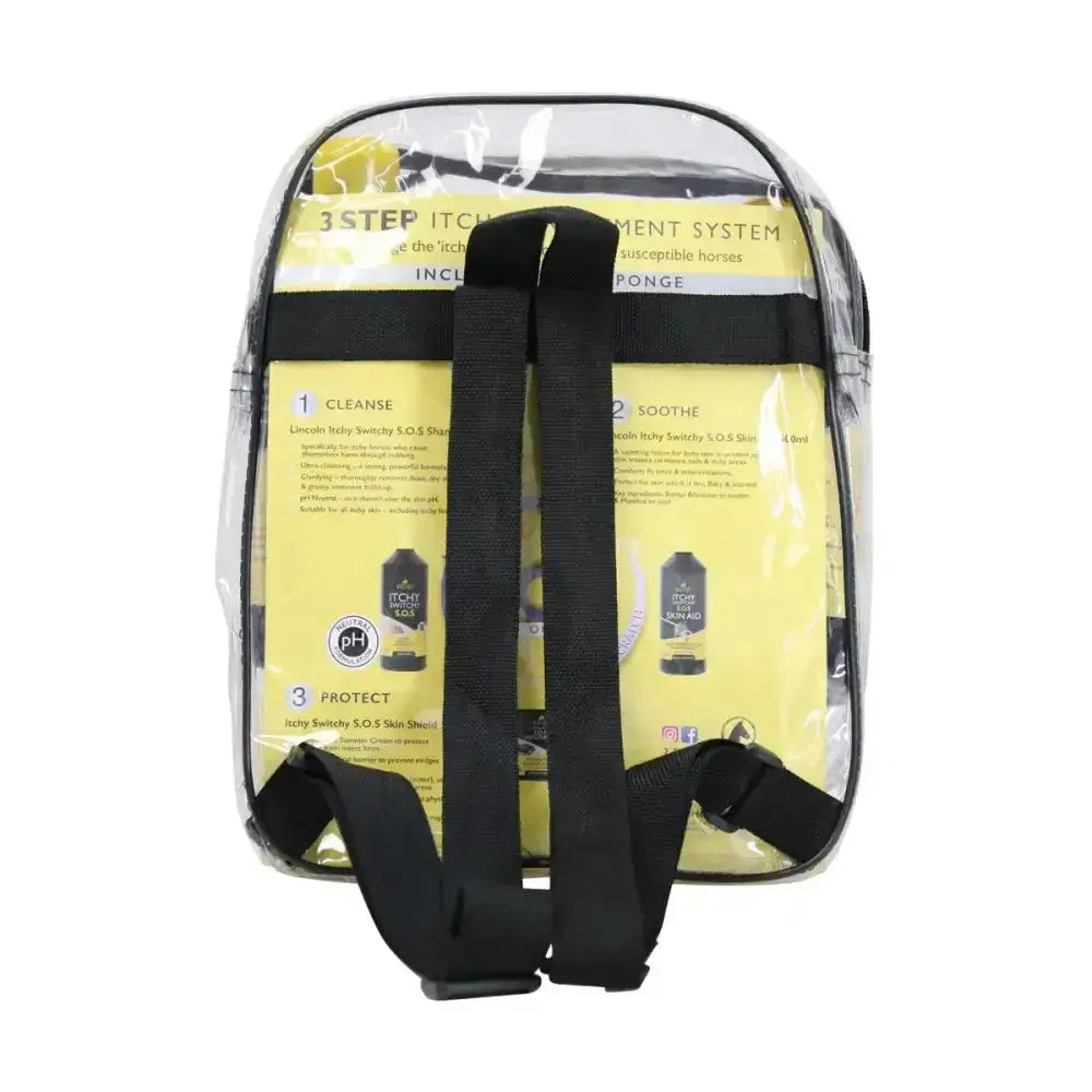 Clear plastic lincoln itchy switchy backpack with black straps and yellow 3 step itch relief system for sweet itch