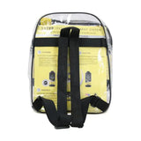 Clear plastic lincoln itchy switchy backpack with black straps and yellow 3 step itch relief system for sweet itch