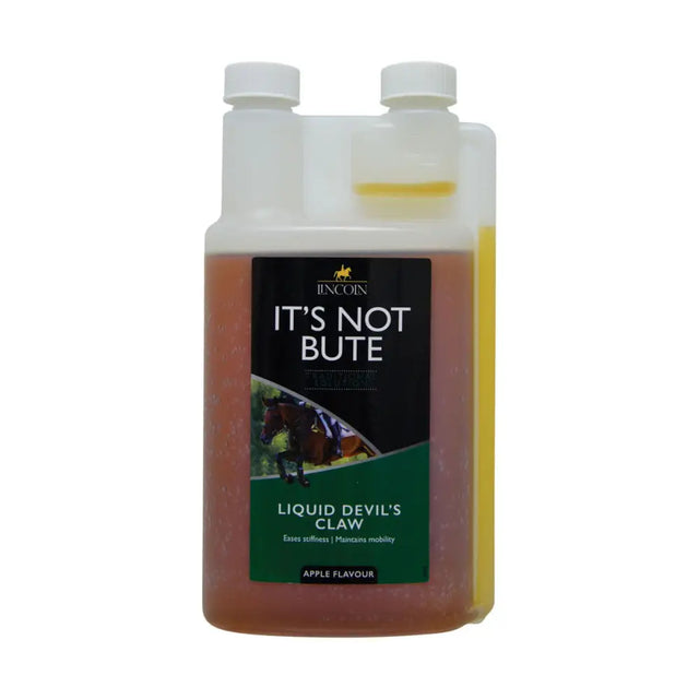 A translucent plastic bottle of lincoln its not bute amber liquid devil’s claw apple flavor equine joint supplement