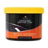 Black lincoln lanolised leather soap container with bright yellow lid and orange label for conditioning leather tack