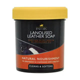 Lincoln lanolised leather soap in a black and orange container with yellow lid for conditioning leather tack