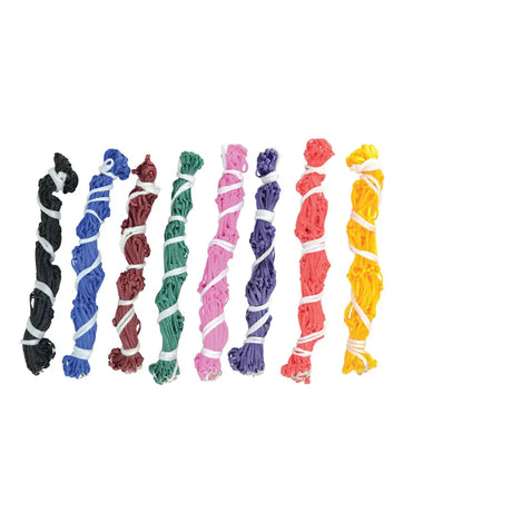 A collection of colorful twisted rope bundles for the lincoln large polypropylene hay net and large polypropylene mesh hay net