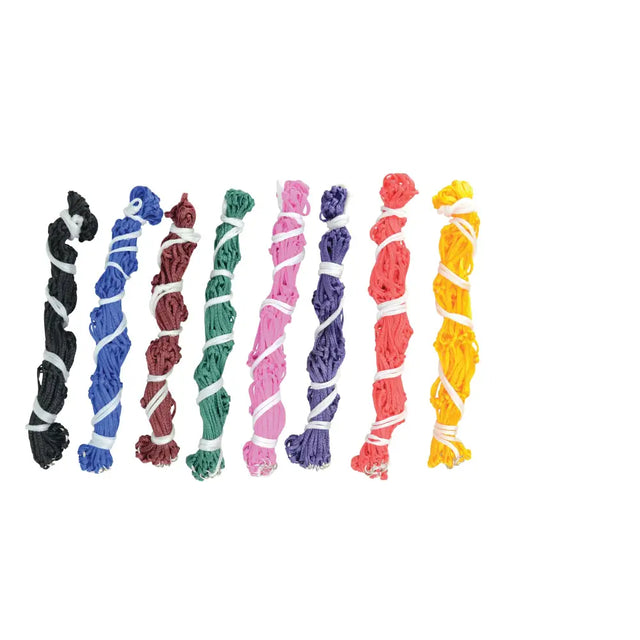 A collection of colorful twisted rope bundles for the lincoln large polypropylene hay net and large polypropylene mesh hay net