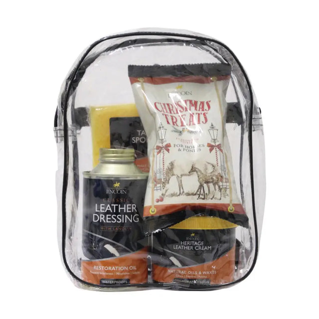 Clear plastic backpack with black trim holding lincoln leather gift pack with heritage cream and leather dressing