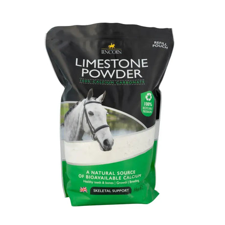 Black and green refill pouch of lincoln limestone powder featuring a white horse image valuable source of calcium horse supplements