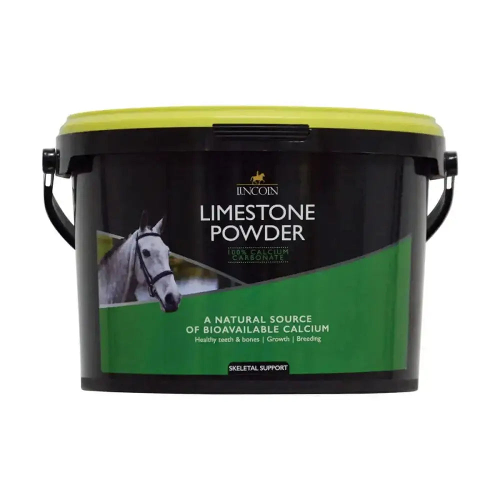 Black and lime green plastic bucket of lincoln limestone powder horse supplement for valuable source of calcium support