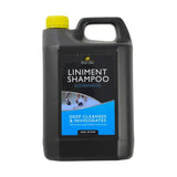 Black plastic jug with yellow cap of lincoln liniment shampoo featuring rosemary oil for horse grooming and dual action benefits