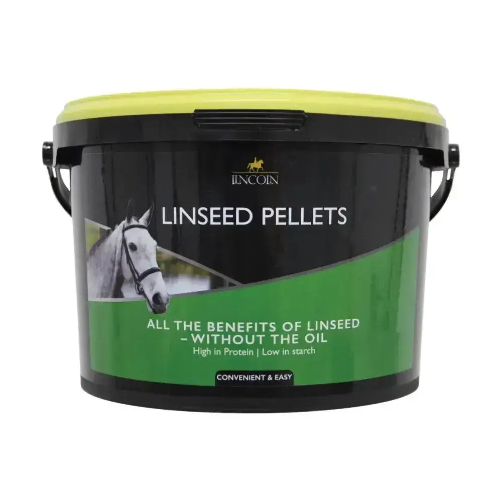 Black and green plastic bucket with lime green lid labeled lincoln linseed pellets featuring a white horse image