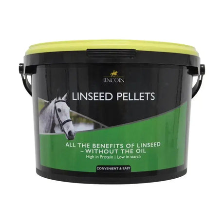 Black and green plastic bucket with lime green lid labeled lincoln linseed pellets featuring a white horse image