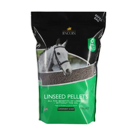 Green and black lincoln linseed pellets refill pouch featuring a white horse image on the front for easy resealing