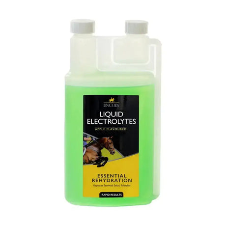 A translucent plastic bottle of lincoln liquid electrolytes contains bright green apple-flavored fast absorbing electrolyte solution for hydration